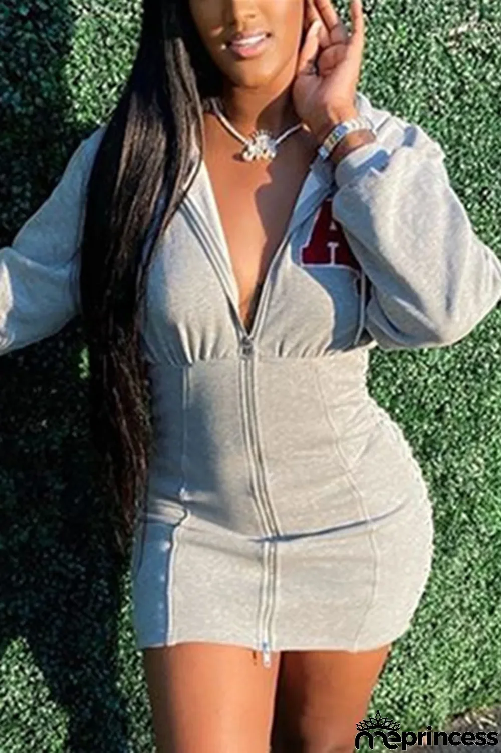 Grey Fashion Sexy Print Basic Zipper Collar Long Sleeve Mini Printed Dress Dresses