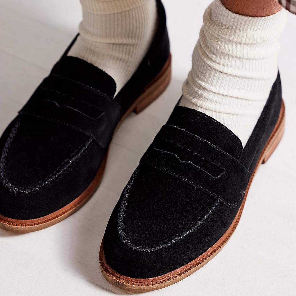 Black Faux Suede Round Toe Low Chunky Heel Loafers Nicepairs