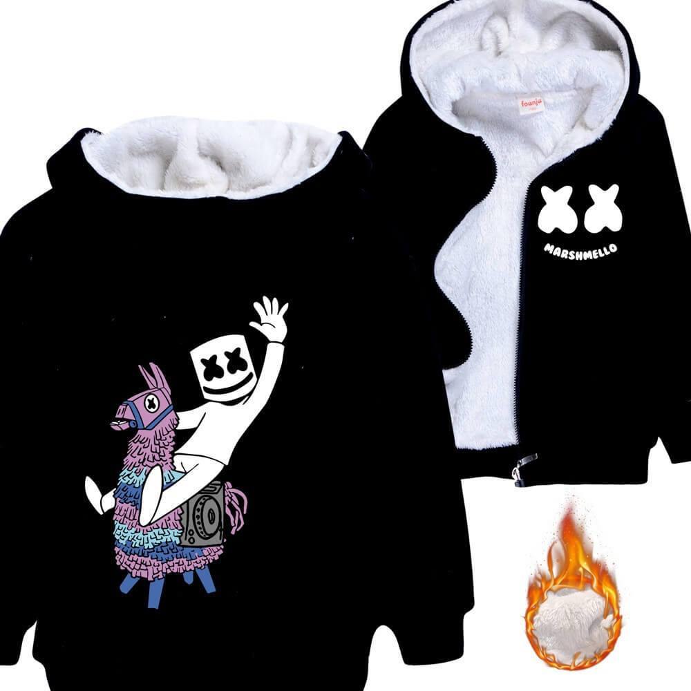 Mayoulove Marshmello On Fortnite Llama Print Girls Boys Fleece Lined Zip Hoodie-Mayoulove