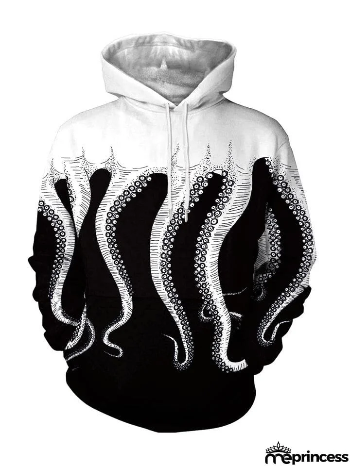 Creative Octopus Print Comfy Loose Hooded Sweatshirt With Pockets