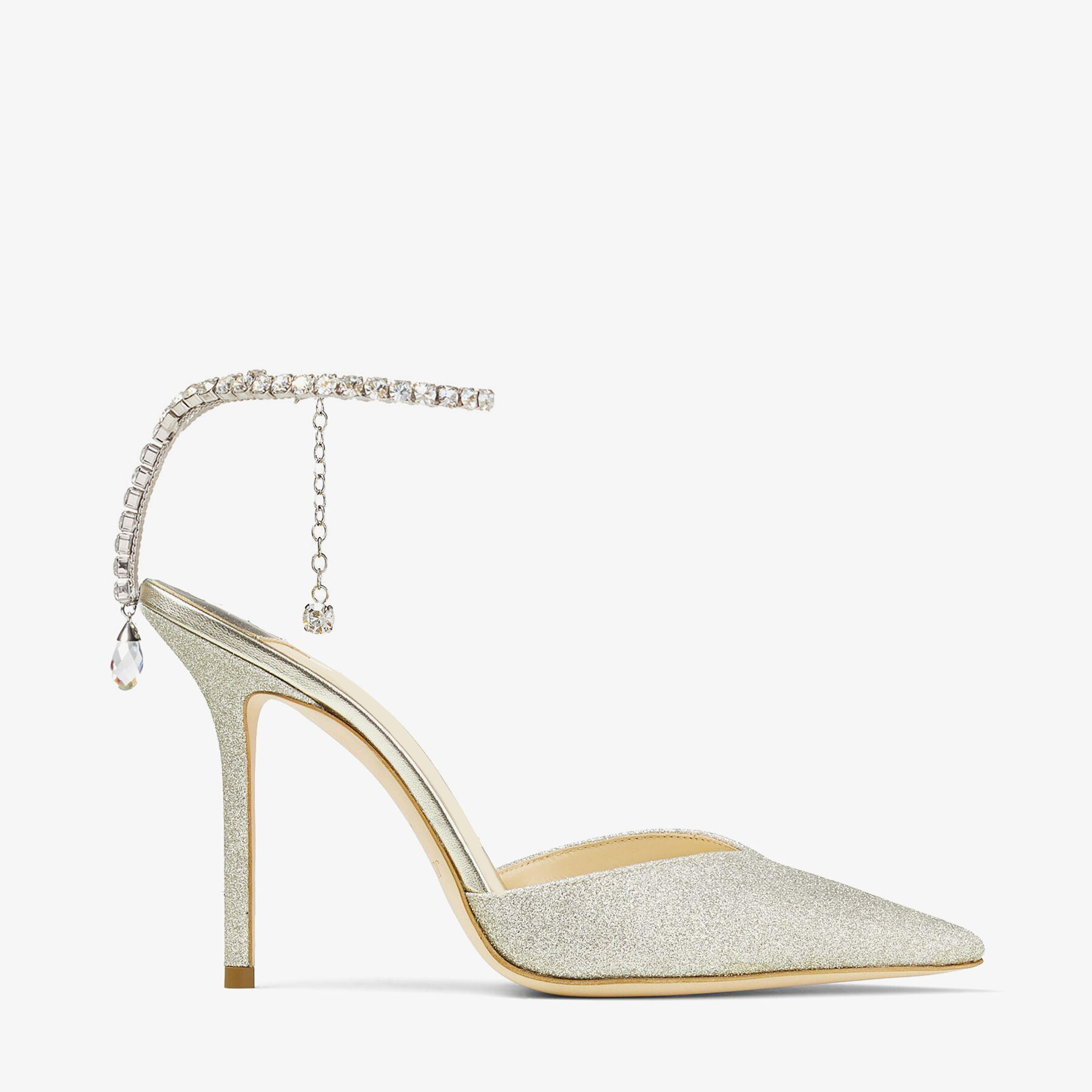 100mm Rhinestone Crystal Embellishment Ankle Chain Bracelet Pointed Toe Satin Pumps