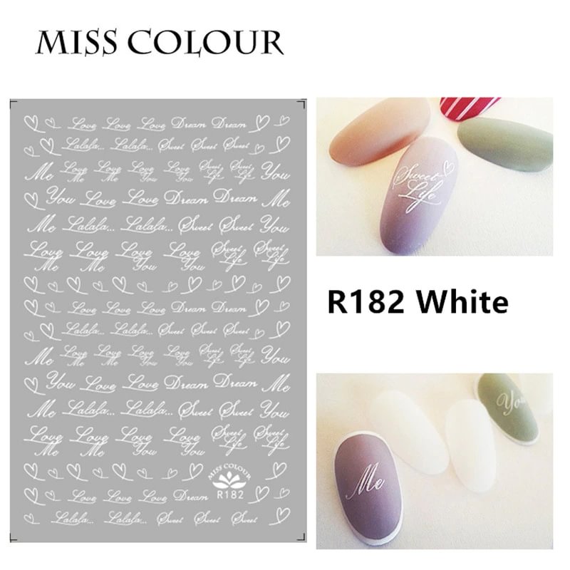 Agreedl 1 Sheet Nail Art Sticker Adhesive Hand Writing English Words Letters Silver White Gold Geometry Line Love Kiss Manicure Decals