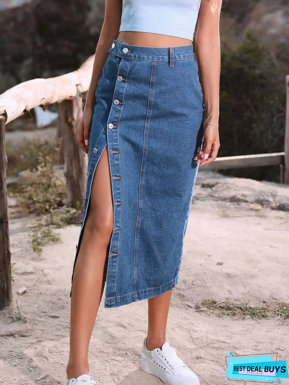 Button Irregular Slit Skirt Denim High Waist Long Skirt