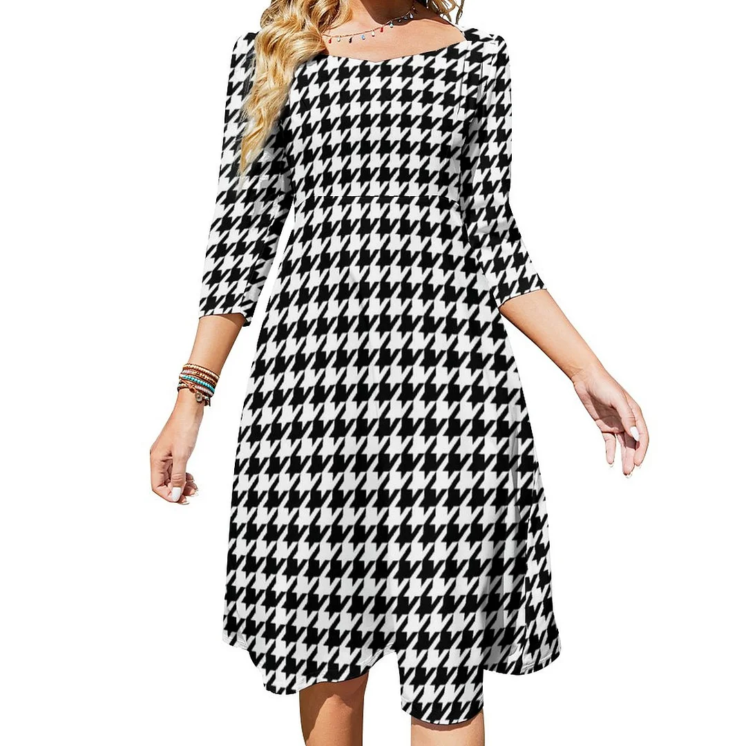 Black And White Houndstooth Yoga Dress Sweetheart Tie Back Flared 3/4 Sleeve Midi Dresses