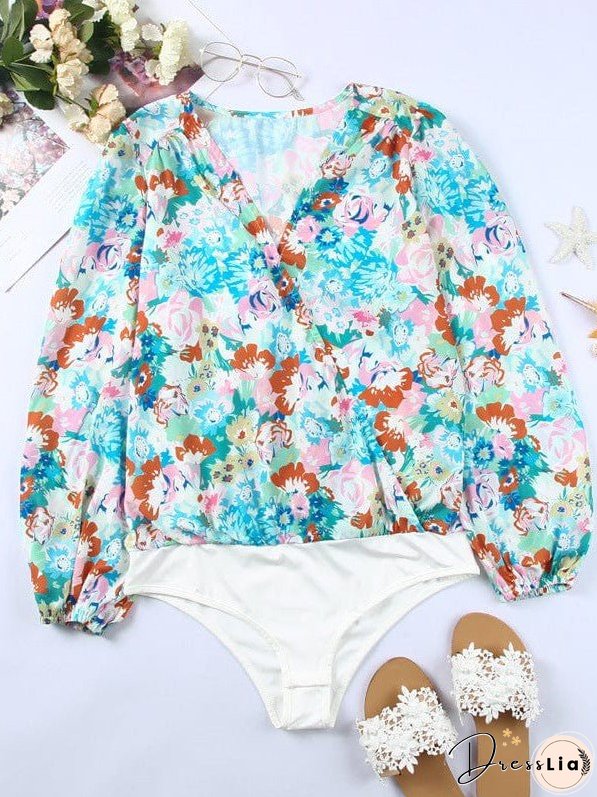 Elegant Floral Print Deep V-Neck Jumpsuit With Long Sleeves And Plant Flower Print