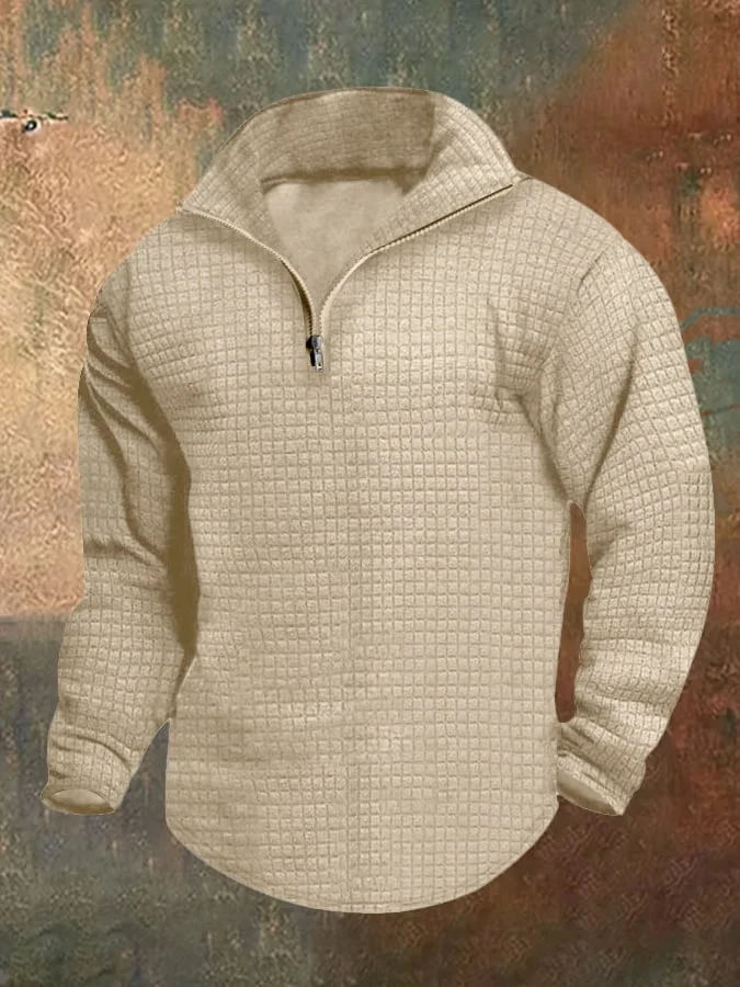 Men's Waffle Casual Solid Color Half Zip Standing Collar Sweatshirt