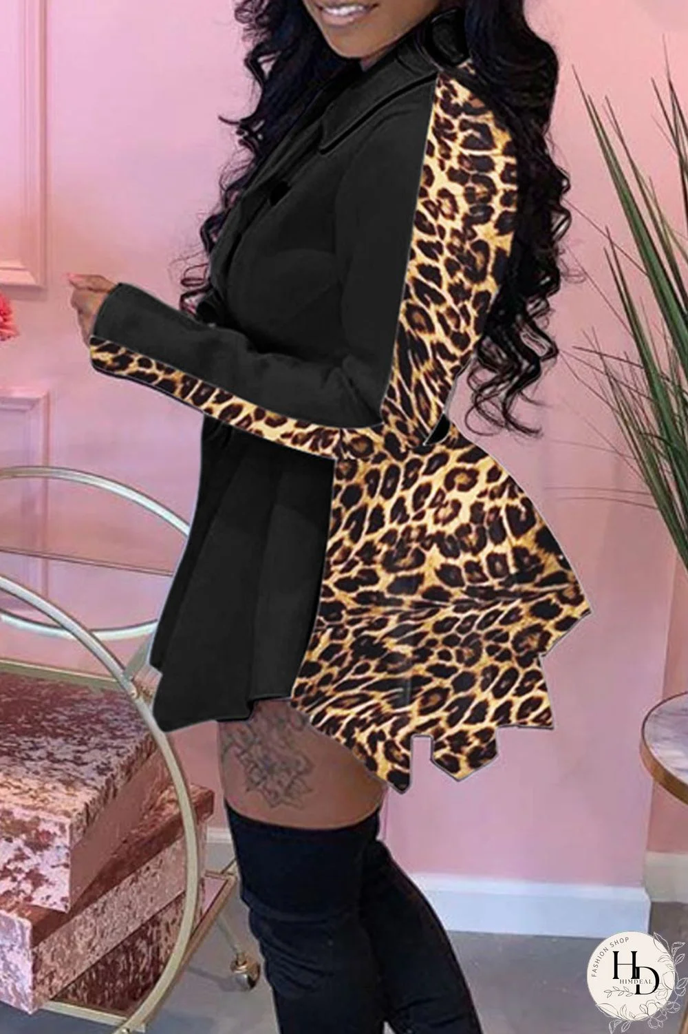 Black Fashion Leopard Camouflage Print Split Joint POLO collar Asymmetrical Dresses