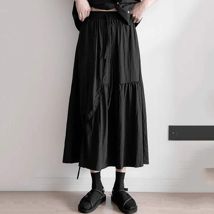 Casual Black Irregular Folds Splicing Lacing Skirt      