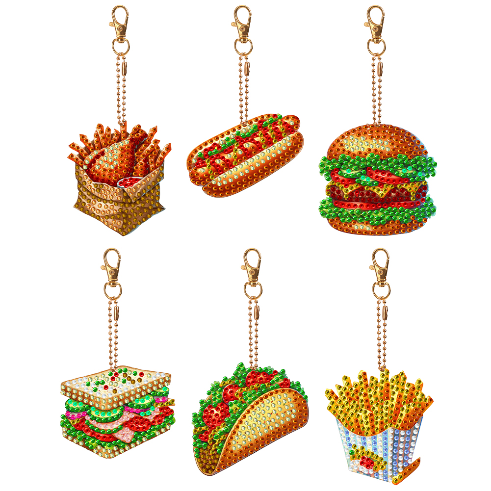 6pcs DIY Fast Food Double Sided Special Shaped Diamond Painting Keychains