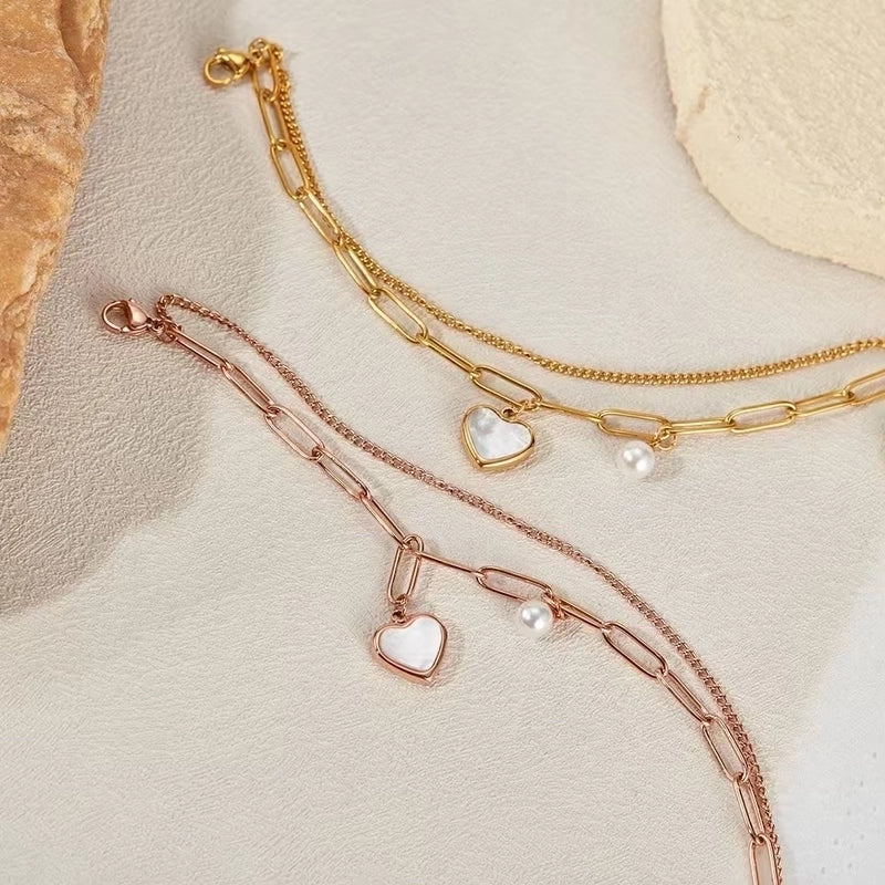 Casual Minimalist Heart Shape Titanium Steel 18K Gold Plated Artificial Pearls Shell Paperclip Chain Bracelets In Bulk
