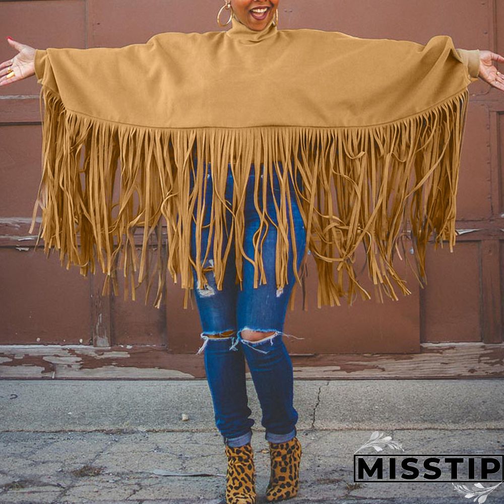 Burgundy Fashion Vintage Solid Tassel Turtleneck Plus Size Overcoat