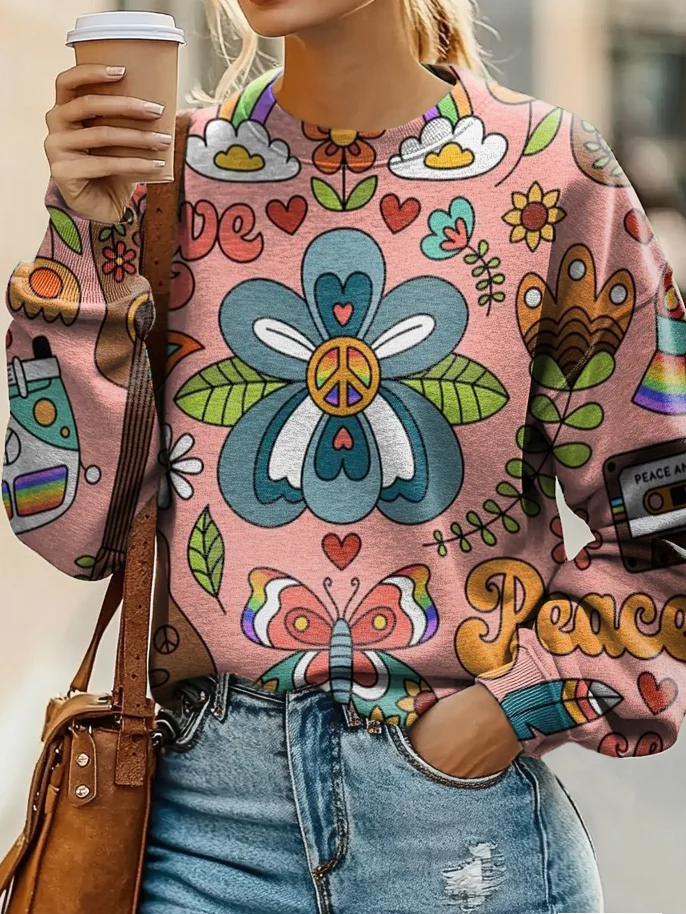 Valentine's Day Peace Sign Print Casual Sweatshirt