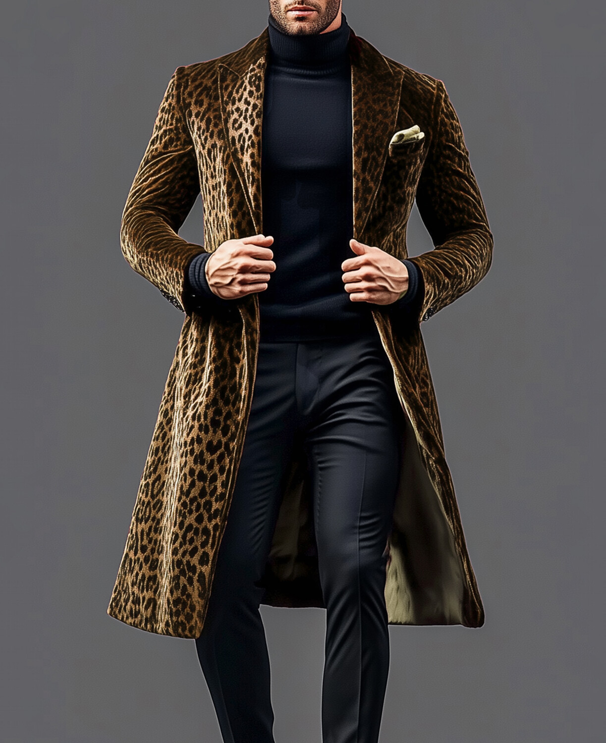 Okaywear Peak Lapel Chest Pocket Leopard Print Velvet Overcoat