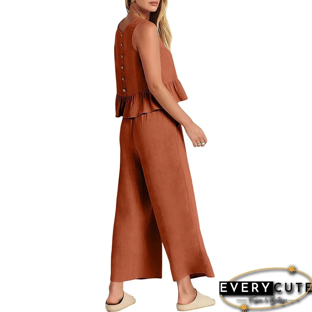 Orange Sleeveless Pleated Tank and Wide Leg Pants set