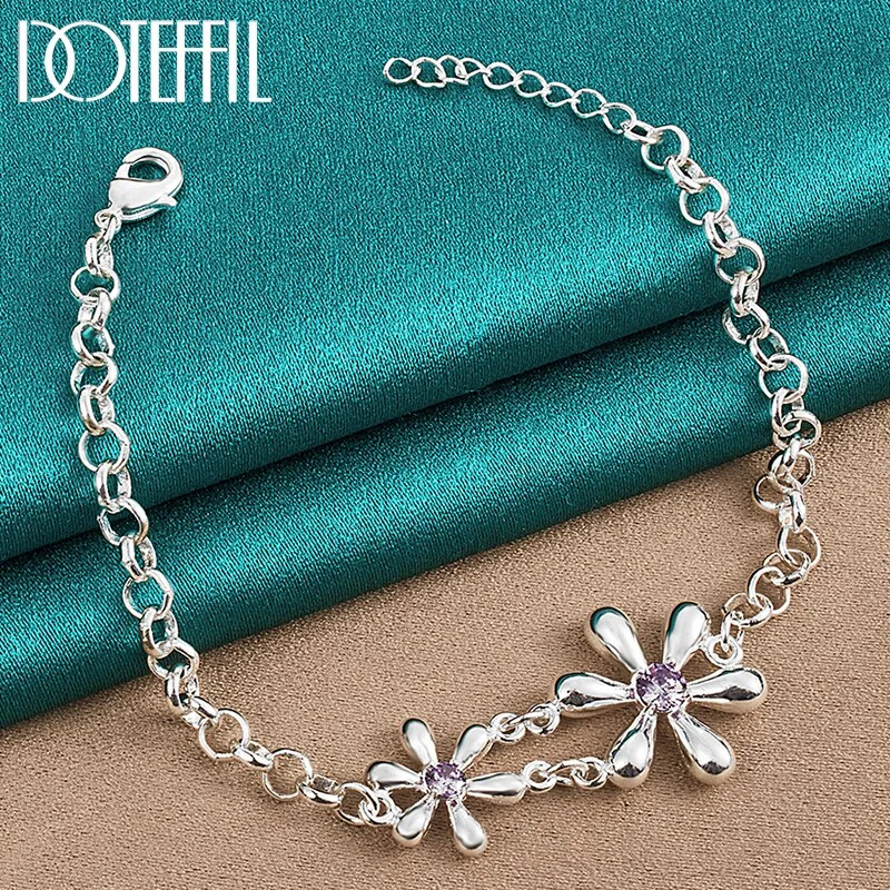 925 Sterling Silver Purple/White AAA Zircon Flowers Bracelet Chain For Woman Jewelry