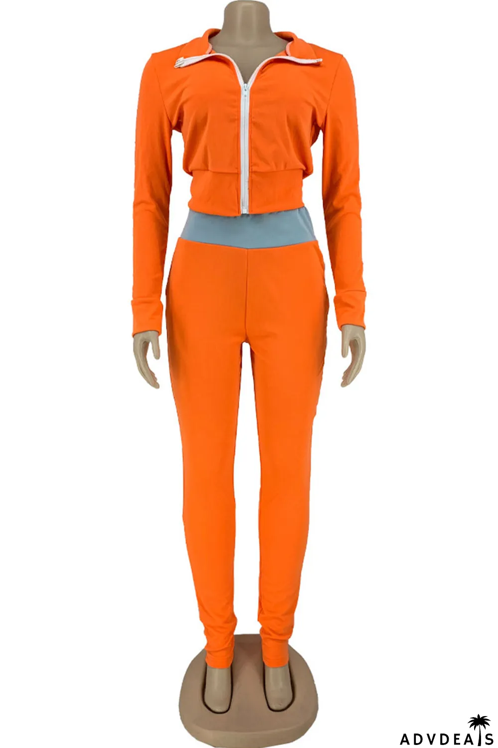 Orange Sportswear Solid Patchwork Turndown Collar Long Sleeve Two Pieces