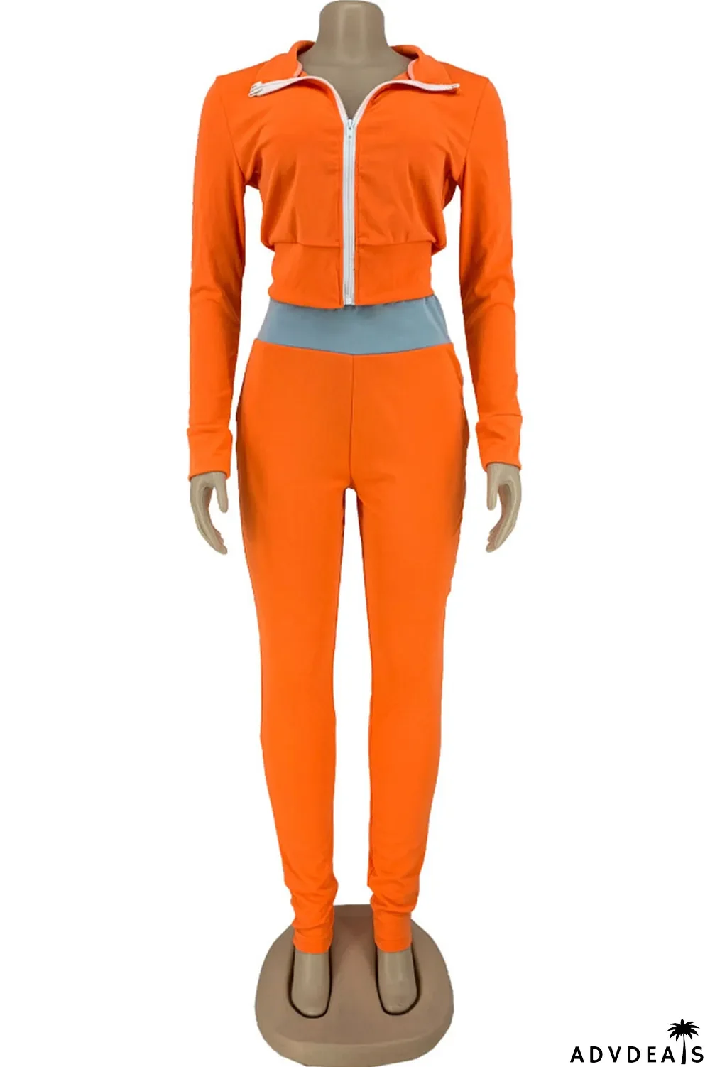 Orange Sportswear Solid Patchwork Turndown Collar Long Sleeve Two Pieces