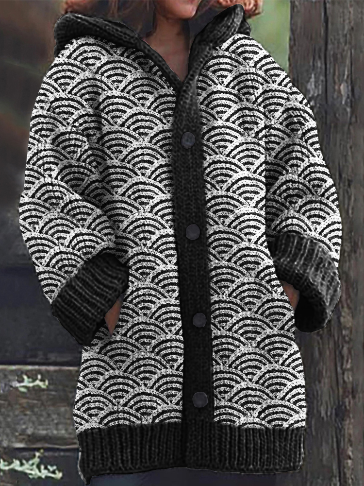 elevenforest Sea Waves Japanese Knit Cozy Hooded Cardigan