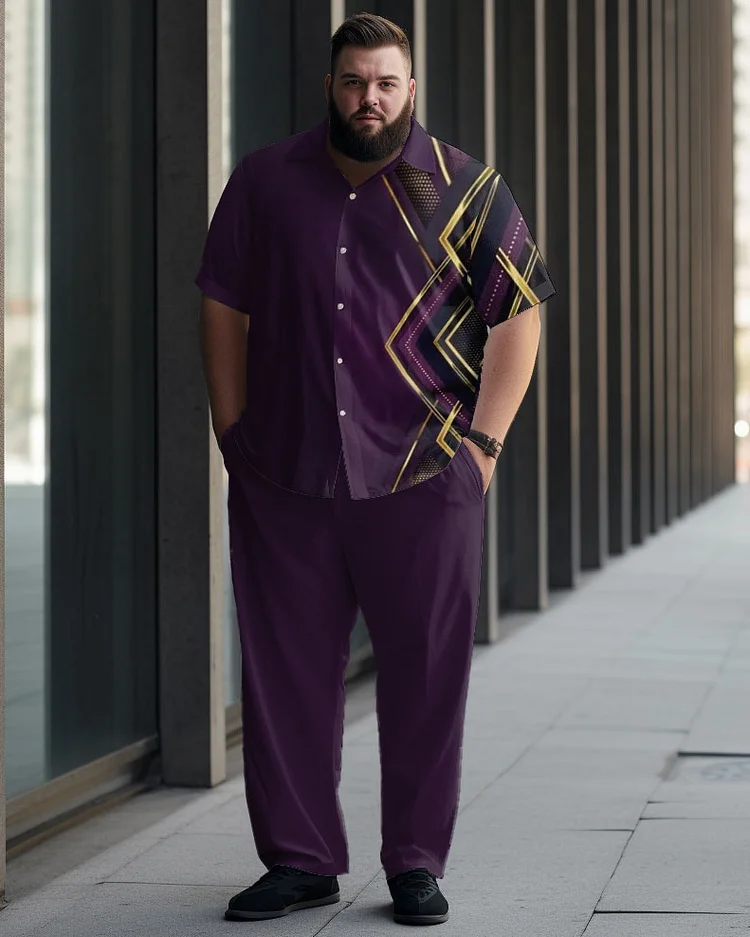 Men's Plus Size Purple Personalized Printed Casual Short Sleeve Walking Suit