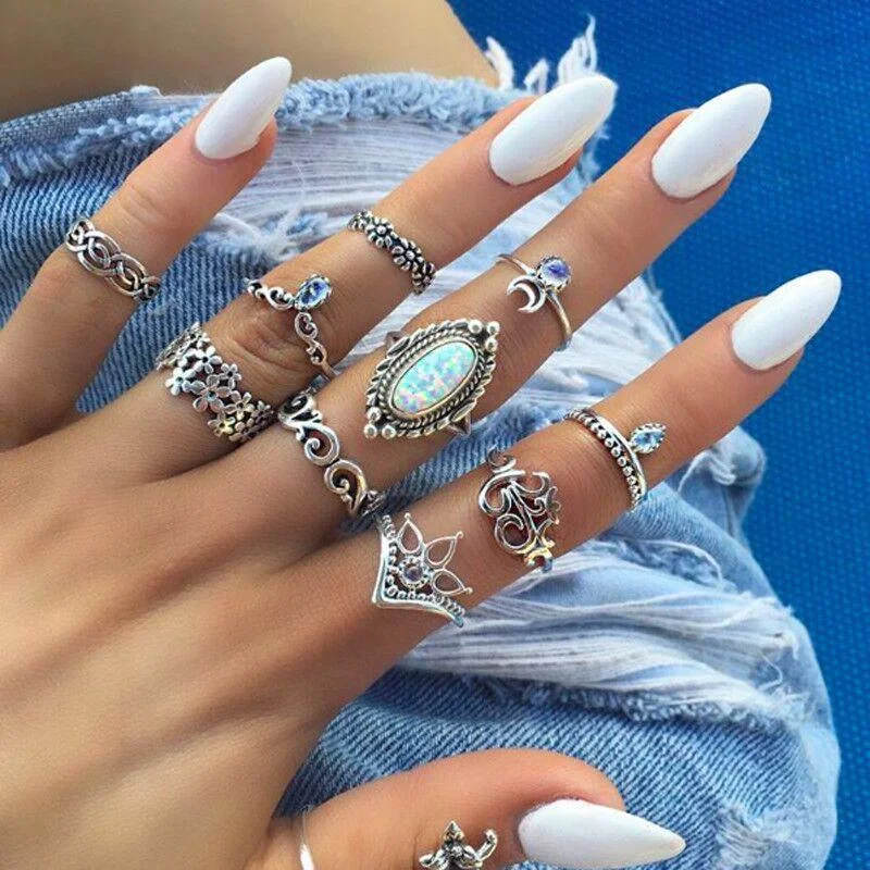 Women plus size clothing 10 Piece Set Geometric Hollow Flowers Water Drop Inline Diamond Ring Wholesale Cheap Jewelry-Nordswear
