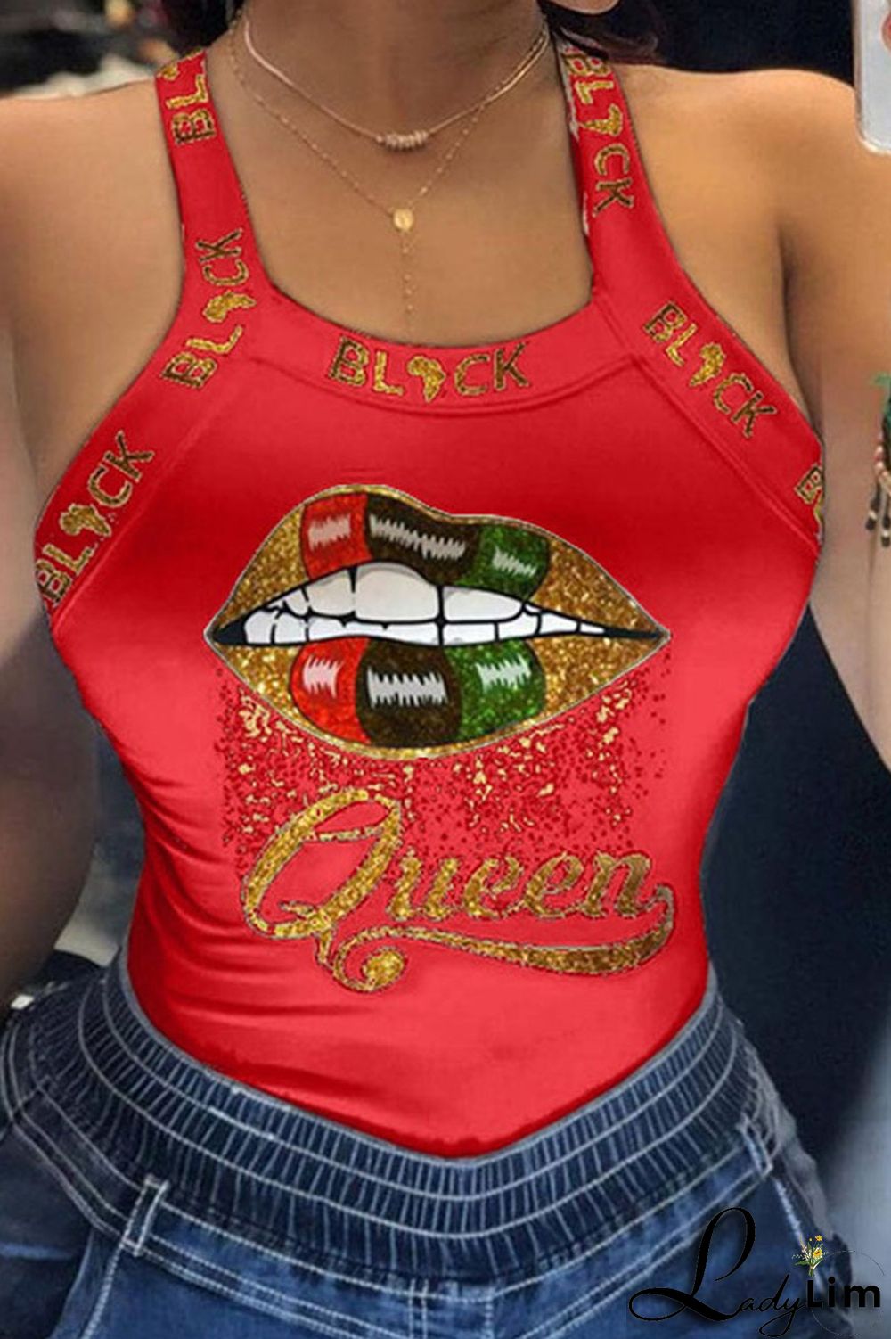 Deep Red Casual Street Print Patchwork U Neck Tops