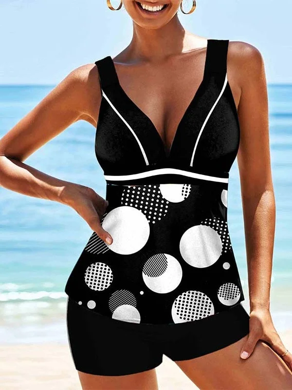 Plus Size Swimwear Sleeveless Polka Dot Graphic Printed Tankini