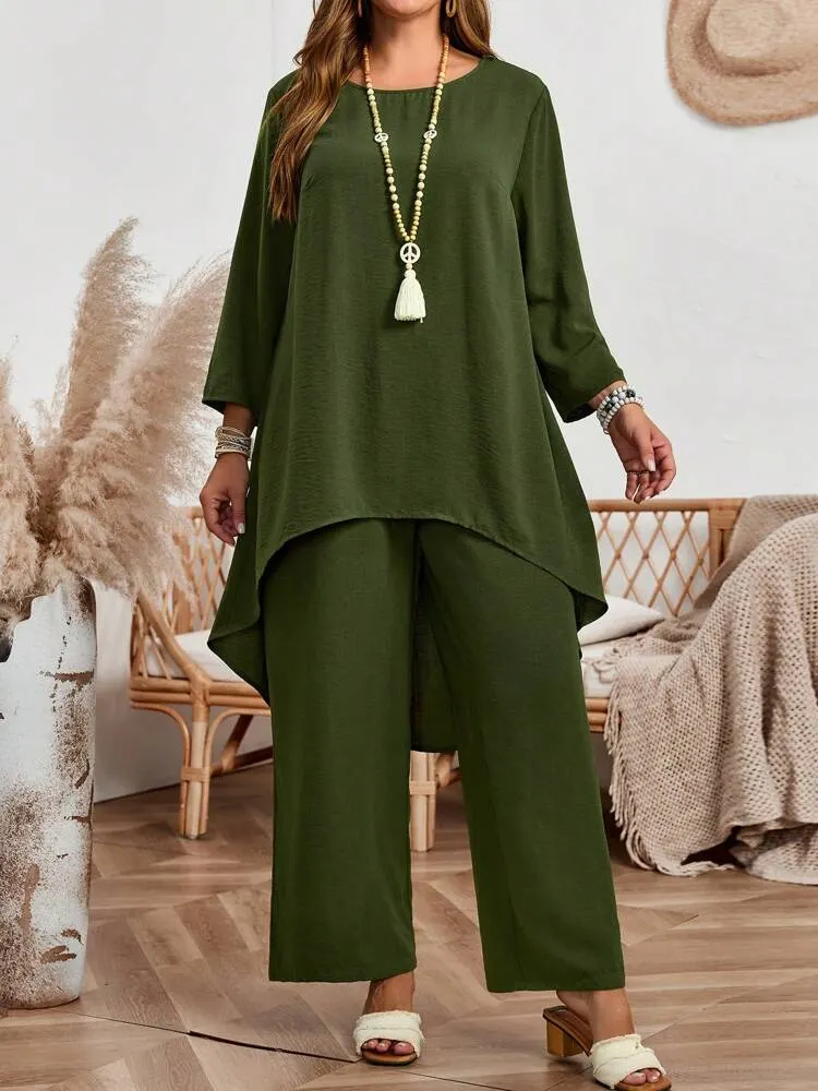 2pcs Plus Size Vacation Casual Solid Asymmetric Hem Long Sleeve Top And Pants Set