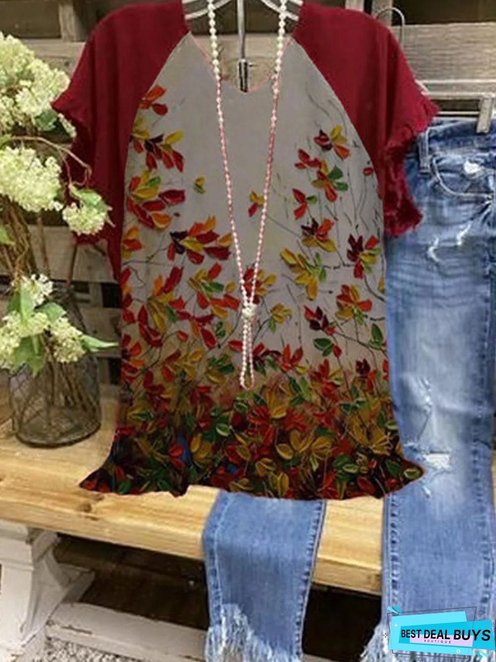 Plus Size Cotton-Blend Crew Neck Casual Floral T-shirt