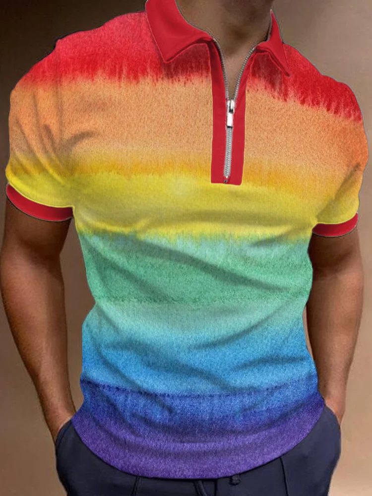 Rainbow Watercolor Gradient Zip Up Polo Shirt