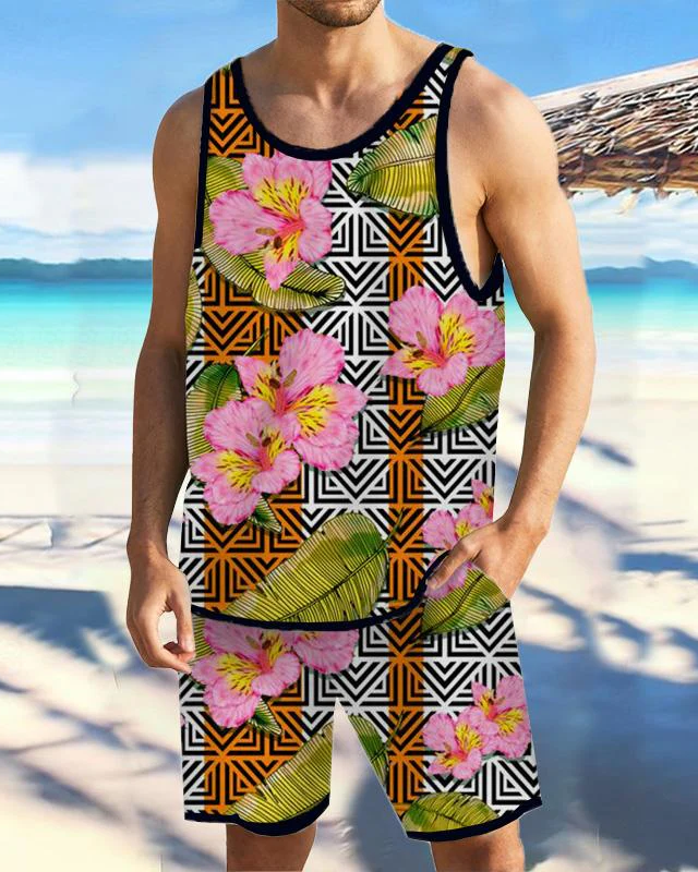 Men's Casual Resort Printed Vest Set 018