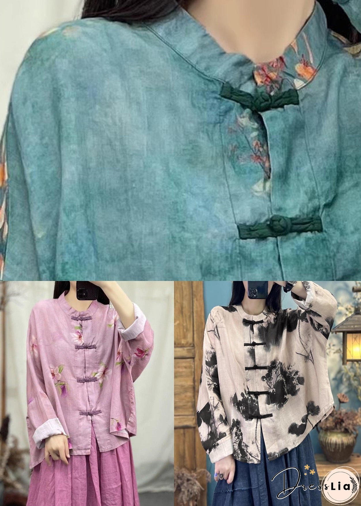 Loose Khaki Print Button Linen Coats Long Sleeve