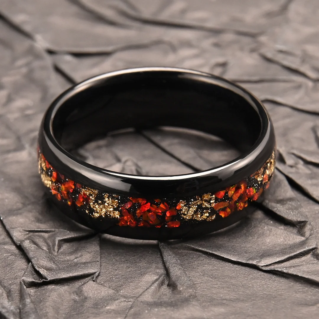 8MM Electroplated Black Tungsten Carbide Rings with Red Opal Foil Wedding Bands For Women and Men