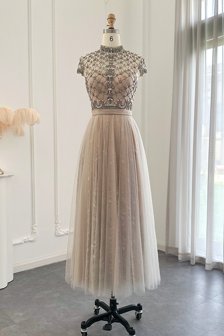 Oknass Champagne Jewel Neck A Line Prom Dress Tulle Diamond-Studded