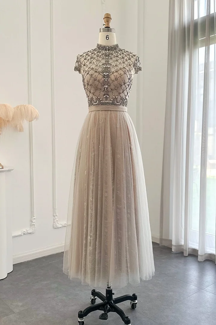Daisda Champagne Jewel Neck A Line Prom Dress Tulle Diamond-Studded