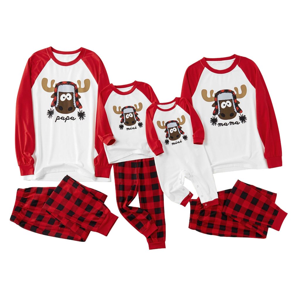 Christmas Family Matching Raglan Sleeve Reindeer Top Plaids Pants Christmas Family Pajamas-Pajamasbuy