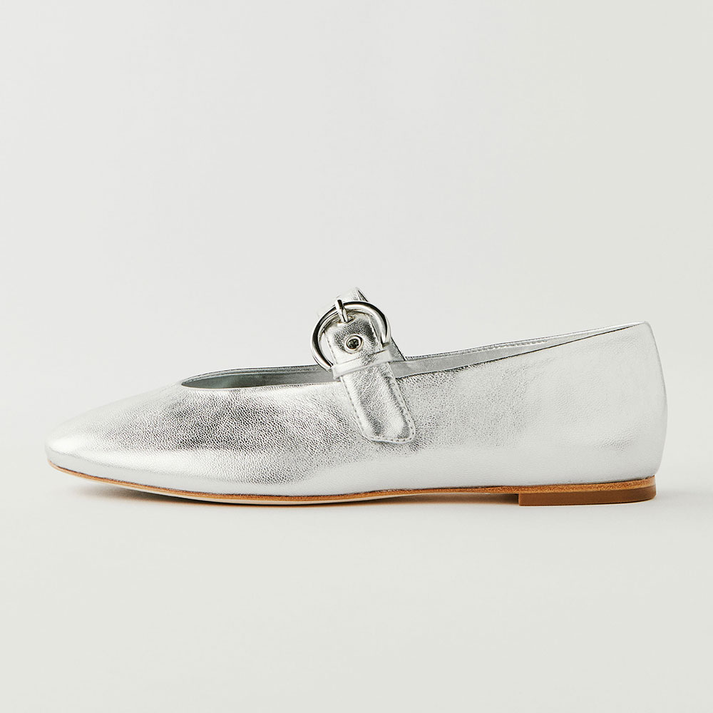 Silver Square Toe Flat Stylish Buckle Mary Jane Ballet Shoes Nicepairs
