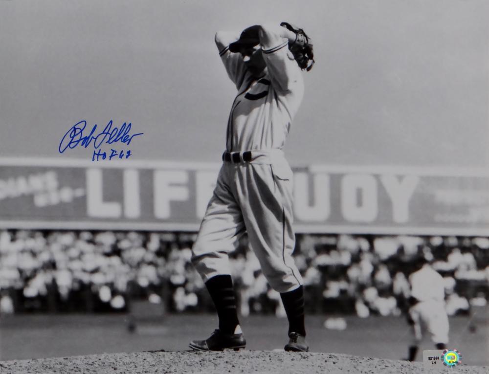 Bob Feller Signed Cleveland Indians 8x10 HOF B&W Pitching Photo Poster painting- MLB Auth*Blue