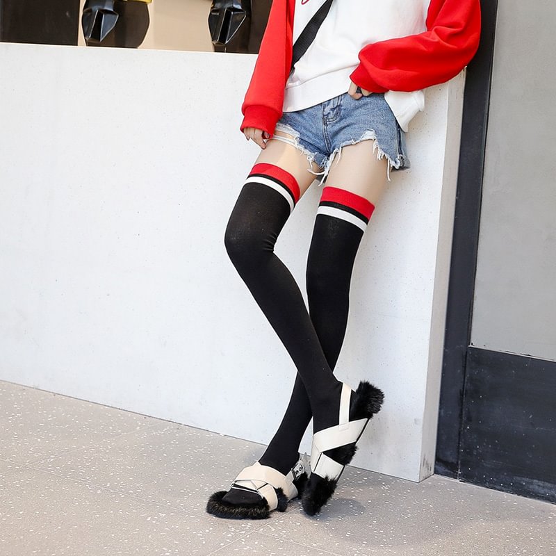 Non-slip silicone red and white bars black thigh high socks