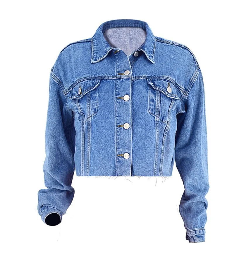 Casual Women Loose Pattern Cropped Raw Hem Denim Jacket