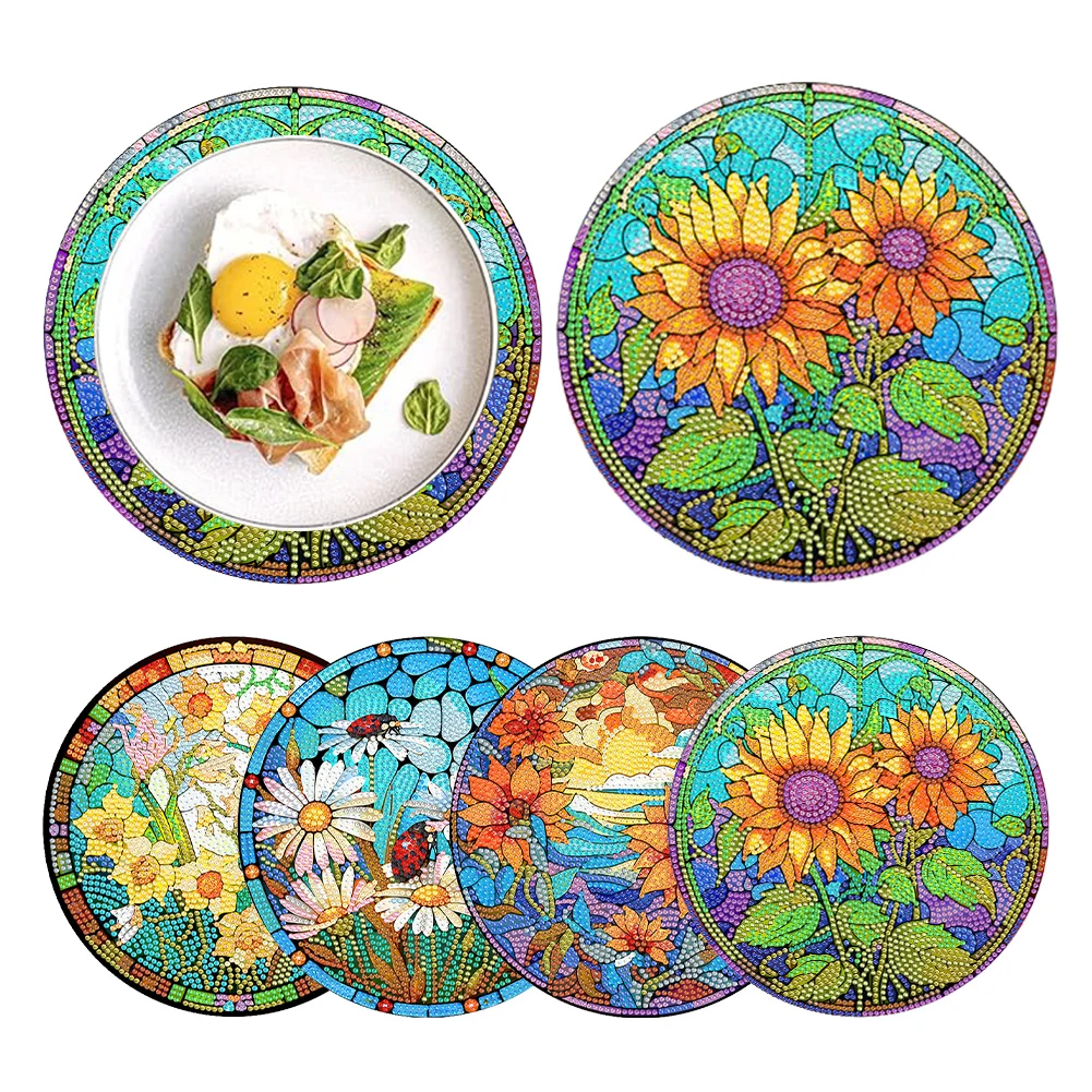 4 Pcs Bloom Flowers Acrylic Diamond Painted Placemats with Holder
