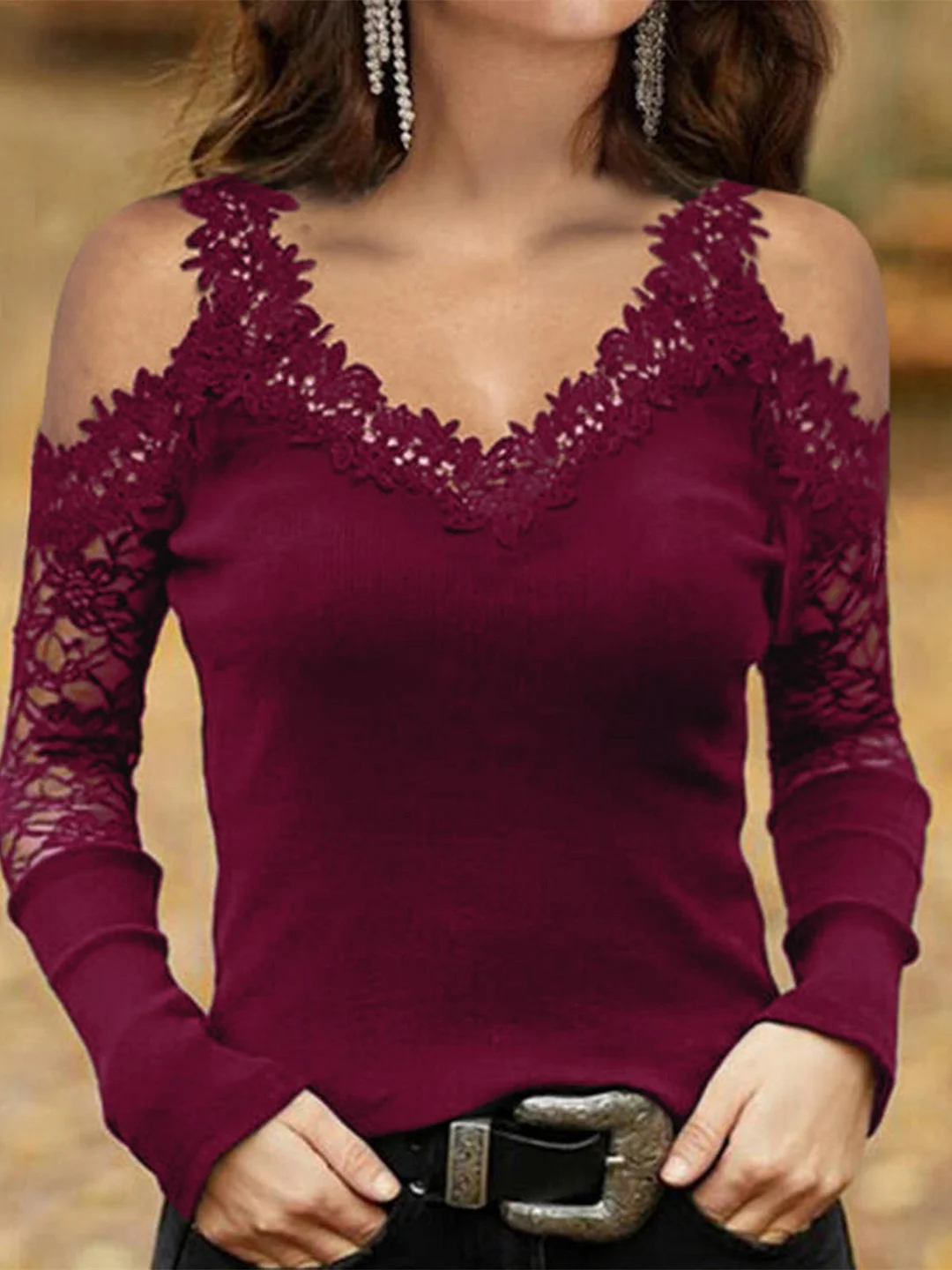 Women Long Sleeve V-neck Lace-up Tops