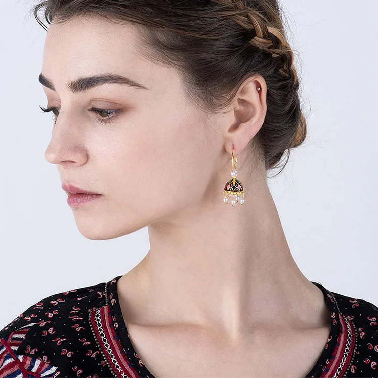 Bohemian Metal Painted Natural Pearl Drop Earrings