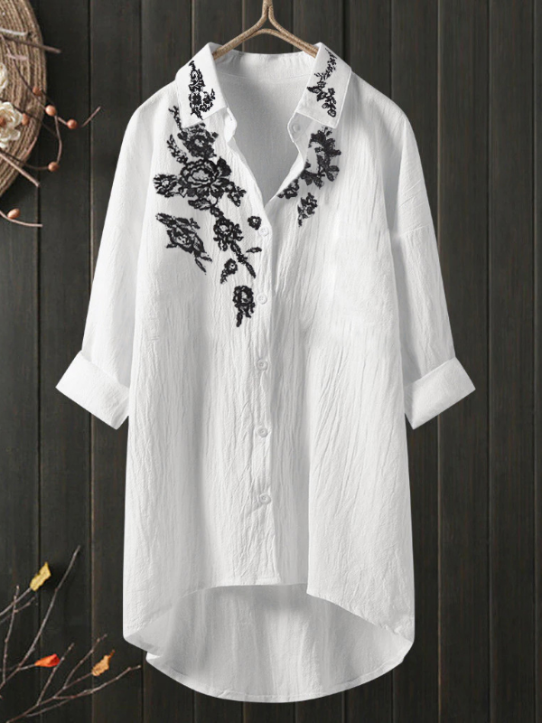 White Lapel Lace Floral Irregular Hem Shirt