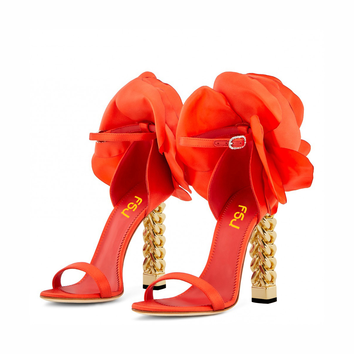 Orange Satin Round Toe Flower Gold Chain Heel Dress Sandals for Women Nicepairs