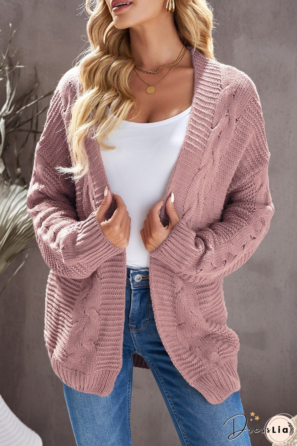 Fashion Pink Chunky Wide Long Sleeve Knit Cardigan