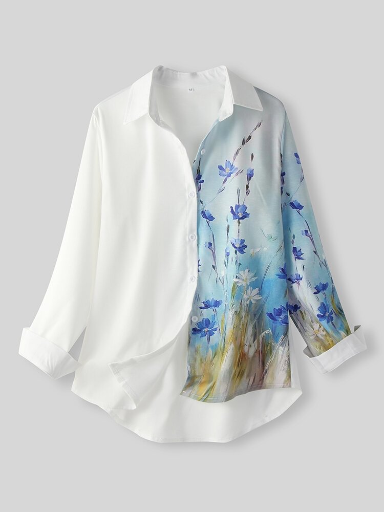 Calico Print Lapel Long Sleeve Button Casual Shirt For Women P1799983