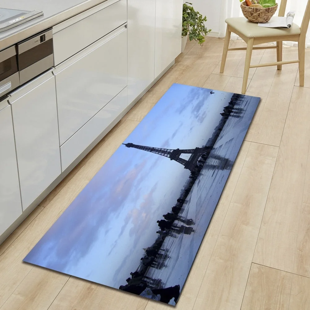 Kitchen Carpet Home Entrance Doormat Bedroom Bedside Eiffel Tower Pattern Decor Floor Rug Hallway Balcony Bathroom Anti-Slip Mat