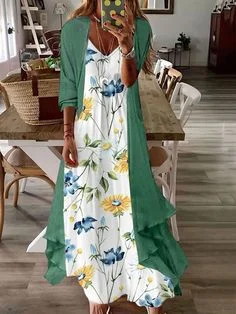 Women's Long Sleeve V-neck Graphic Printed Two Pieces Maxi Dress