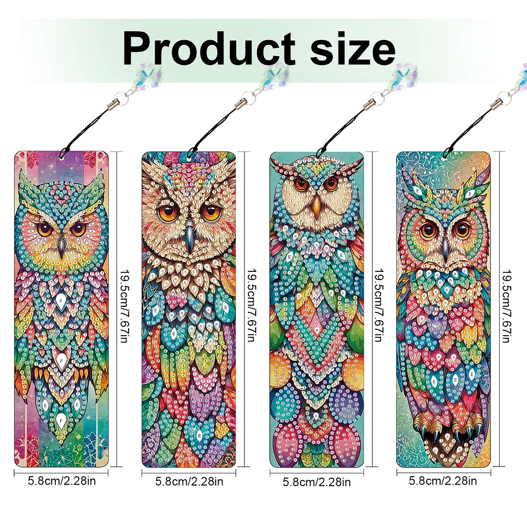 4Pcs Colorful Owl DIY Diamond Bookmark Art Projects Irregular Shaped Diamonds Diamond Painting Art Bookmarks with Crystal Pendants for DIY Making Beginners Adult Art Craft Supplies