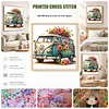 Flower Van Full 18CT DIY Stamped Cross Stitch Kits for Beginners Adults Home Decor Cross Stitch Art and Crafts Kits 9.75x9.75in